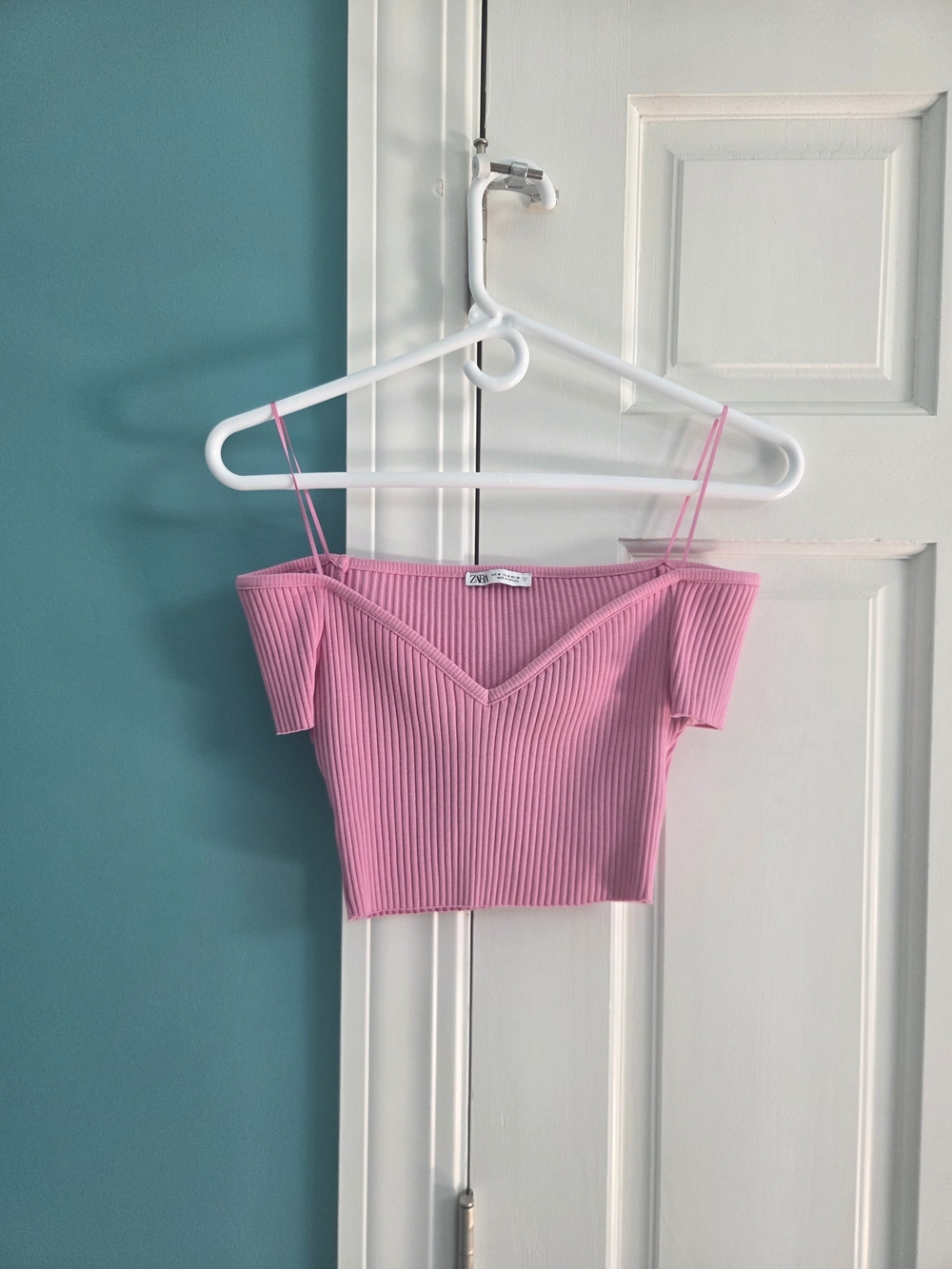Zara Pink Ribbed Off-the-Shoulder Crop Top with Spaghetti Straps